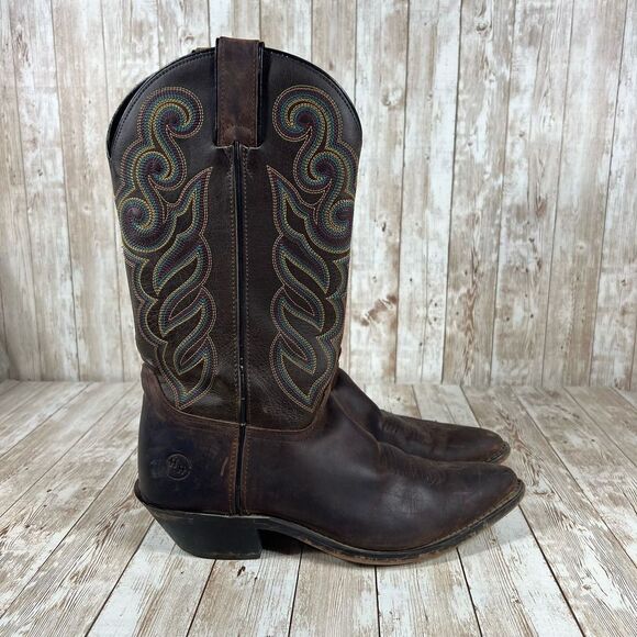 Double hBrown Leather Western Cowboy Boots Colorful Stitching Detail - Picture 1 of 8